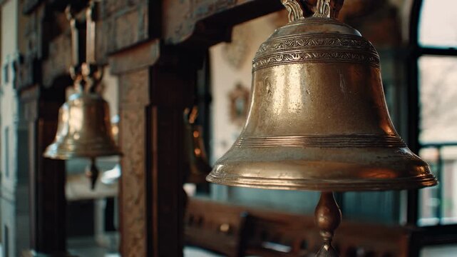 Bells swing gently in rustic room filled with wooden elements. Warm light highlights detailed craftsmanship. Concept of interior design, heritage, craftsmanship