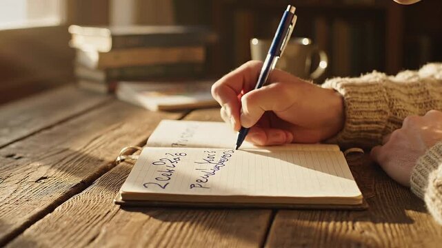 A person writing in a notebook with a pen on a wooden table near a stack of books in a cozy room