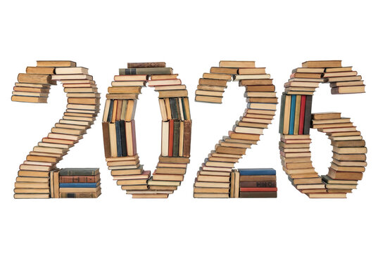 The year 2026 formed by stacked books, transparent background
