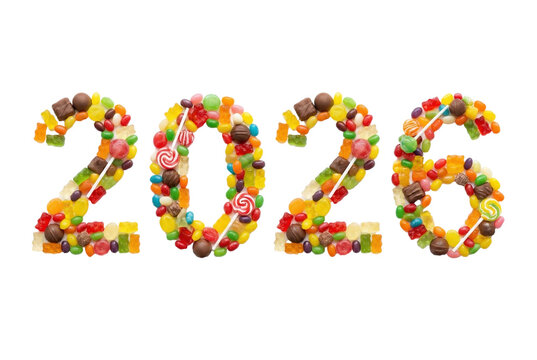 The year 2026 made from colorful candies and chocolates, transparent background