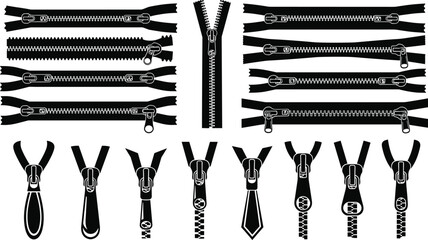 Detailed collection of horizontal zippers and various slider puller heads in black and white for apparel design and sewing patterns © Md