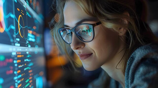 A woman looks at a computer screen filled with data graphs and charts in a modern office setting. She seems focused and engaged in her work as she analyzes the information in front of her