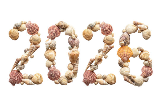 The year 2026 formed by natural seashells, transparent background