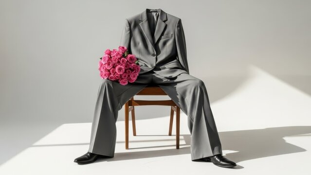 headless man in gray business suit holding pink roses sitting on wooden chair in studio