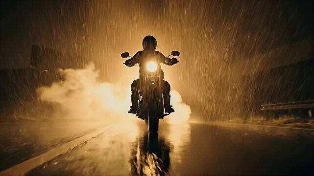 A daring motorcycle rider speeds through the night, creating a dramatic scene.