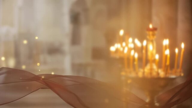 Candles shine on gold candelabra in grand hall with soft flowing fabric. Warm light creates inviting atmosphere. Concept of event planning, interior design, wedding