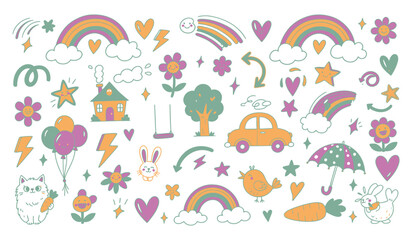 Fototapeta premium Kids chalk, pastel crayon and color pencil drawings set. Colorful sketches of childish imagination collection with summer flower and green tree, sun and cloud