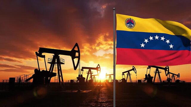 Oil rigs operating at sunset with Venezuelan flag waving in the foreground