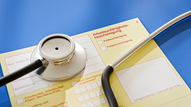 Zoom in to a German certificate of incapacity for work (Arbeitsunf&auml;higkeitsbescheinigung - AUB) with a stethoscope. Selective focus