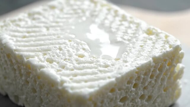 Close-up of white brie cheese on table.