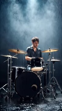 Man playing drums in the rain with dramatic lighting and atmospheric smoke