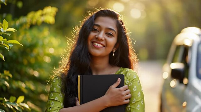 Smiling woman holding a book outdoors near a vehicle with greenery