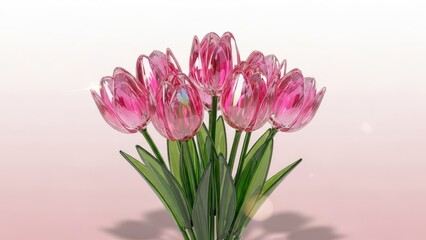 Fototapeta premium Pink glass tulips with green leaves on white to pink gradient background