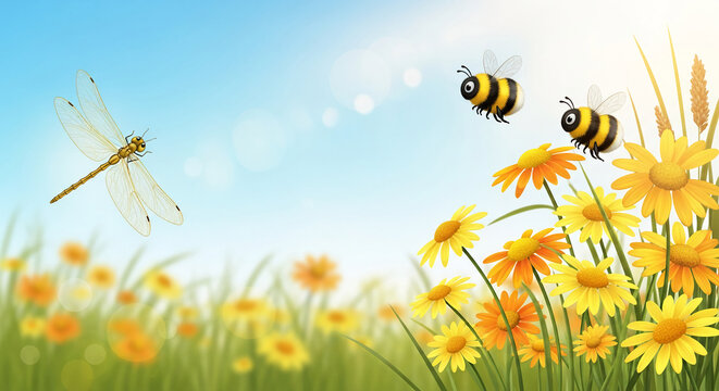 Illustration of yellow daisies, flying bee and dragonfly against a blue sky, representing nature's beauty and a sunny day, perfect for spring concepts
