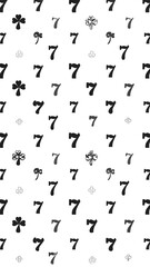 A monochrome pattern composed of repeating sevens, card suits, and other small symbols, on a white background, suggesting luck and fortune