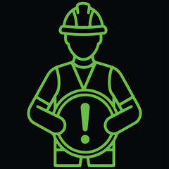 Neon Construction Worker with Warning Sign Line Style for Site Safety, digital safety interfaces, high-tech industrial manuals, modern construction site alerts, and occupational health and safety.