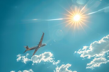Stunning panoramic background showcasing an airplane flying gracefully in a vibrant blue sky