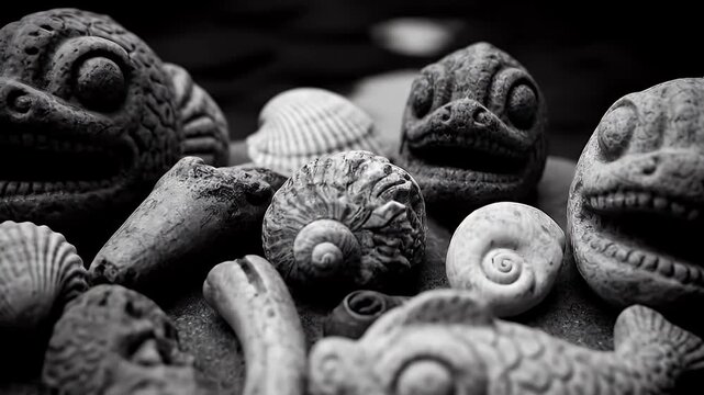Black and White Stone Sculptures of Animals and Shells.