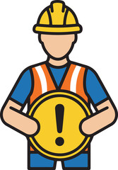 Construction Worker with Warning Sign Flat Vector for Site Safety, industrial safety posters, workplace hazard manuals, construction site regulations, and occupational health and safety.