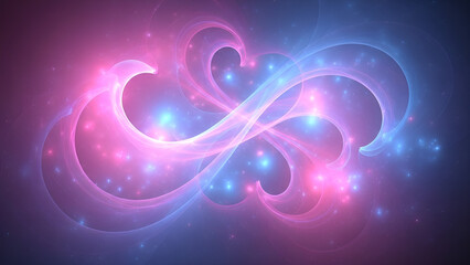 Abstract swirling fractal art with glowing ethereal ribbons in vibrant pink and blue, set against a dark, starry background.