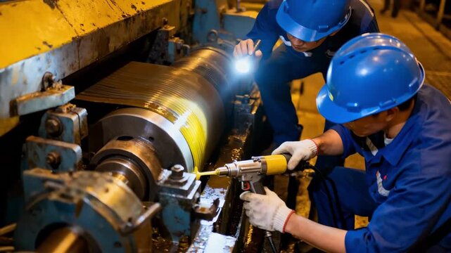 Night shift workers conduct preventive checks on mill machinery belts and lubrication ensuring seamless operation under low light conditions.