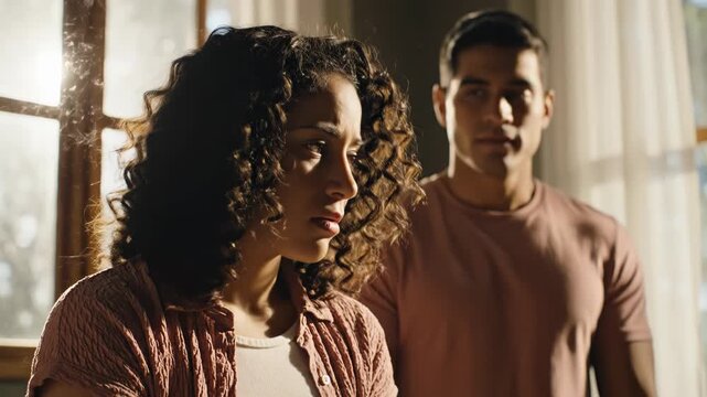 Sad woman standing near man in a tense moment indoors