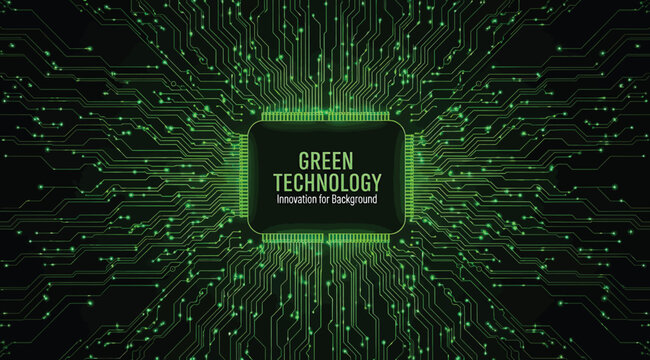 Glowing green microchip with digital circuitry and text 'Data Technology Advanced Design', symbolizing futuristic computing, AI, innovation, and advanced electronic systems in a tech-inspired layout