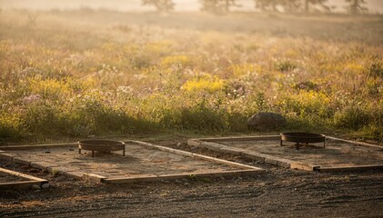 Obraz premium Open meadow campsite showing distinct tent pads and fire rings sharply contrasted against a hazy background of wildflowers and tall grass.