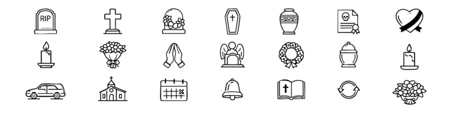 Funeral Line Editable Icons set. Vector illustration in modern thin style of death related icons: types of tombstones, death certificates, funeral rituals, and more.  Isolated on white background