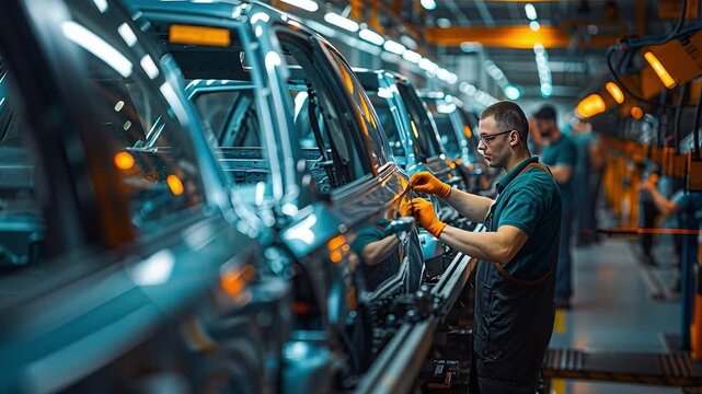 A worker focuses on assembling parts of a vehicle in an auto manufacturing facility. The scene shows the worker wearing safety gear and using tools to ensure proper installation