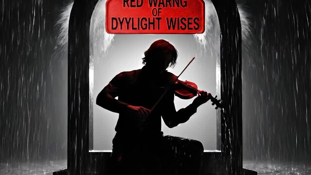 Mysterious Violinist Plays in Dramatic Setting with Red Warning Sign.