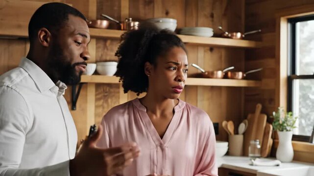 Couple arguing in kitchen with angry expressions and gesturing hands