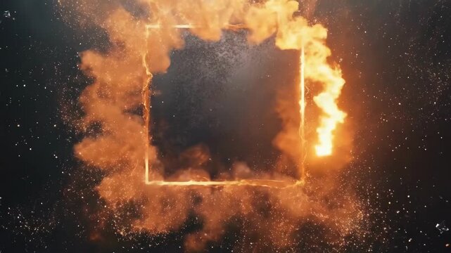 Glowing square frame in cosmic orange and black abstract space. Black Friday sale