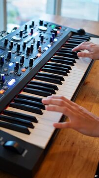 Close-up of hands playing a modern synthesizer keyboard with many knobs and buttons