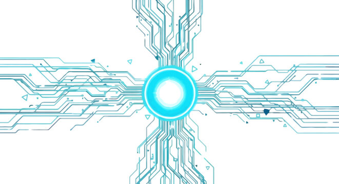 Modern geometric circuit board layout with glowing central point and blue lines