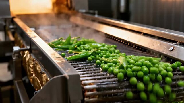 Medium shot of fresh peas moving on a conveyor belt through a hightemperature blanching tunnel with visible steam ensuring quality and microbial safety before freezing.
