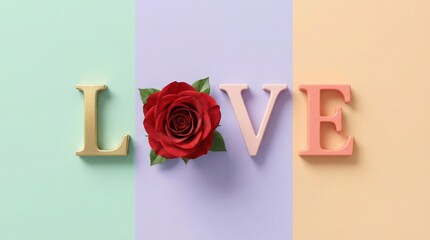 LOVE Word with Red Rose on Pastel Background &ndash; Romantic Valentine Concept