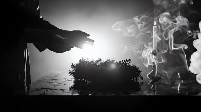 Mysterious ritual with hands and smoke in dark environment.