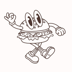 Obraz premium Cartoon burger character in retro line style with big eyes and walking pose on a light background. Burger outline character cartoon with vintage look. Great for stickers, posters, prints and branding