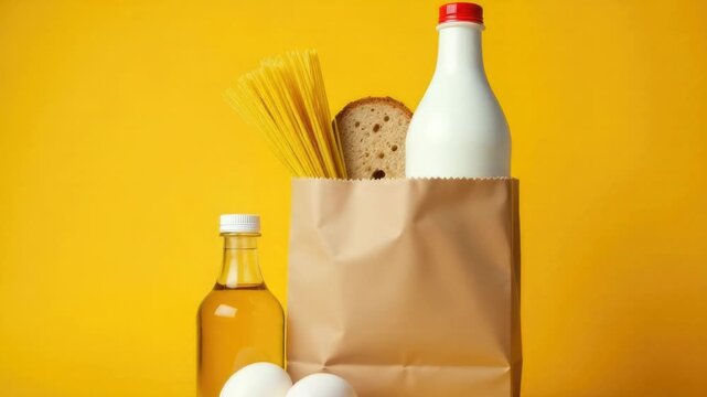 Video A collection of grocery items on the kitchen counter including milk, eggs, and bread