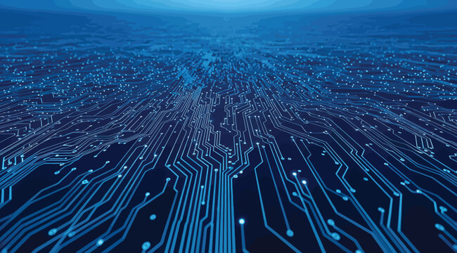 Futuristic digital landscape with glowing circuit lines and nodes extending into horizon, symbolizing data flow, connectivity, and advanced technology infrastructure in a modern computing-inspired con