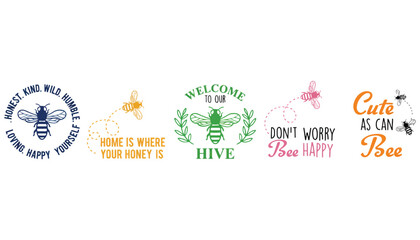 Obraz premium A collection of colorful bee-themed logos and slogans on a white background