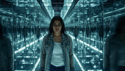 Standing woman wearing denim jacket white tee facing mirror corridor, LED creating reflections
