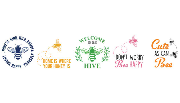 A collection of colorful bee-themed logos and slogans on a white background