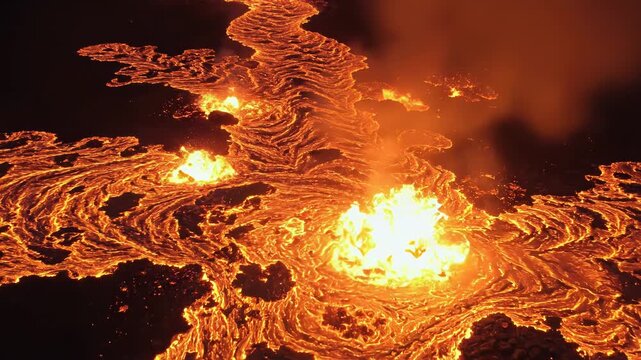 Volcanic eruption with molten lava flowing and spewing ash into the air