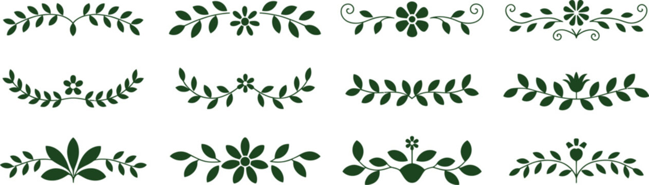 Collection of delicate green floral and leaf branch designs perfect for borders on transparent background high-quality professional detailed modern elegant