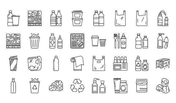 Plastic manufacturing and packaging line icon set
