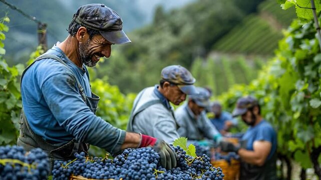 A group of workers gathers grapes in a vineyard. They wear simple clothing and hats. The harvest takes place in the late afternoon. The location is surrounded by green hills