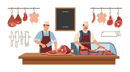 Butchers working at meat shop counter with fresh products