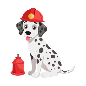 A classic white dalmatian dog with black spots wearing a red firefighter helmet and sitting next to a red fire hydrant.
